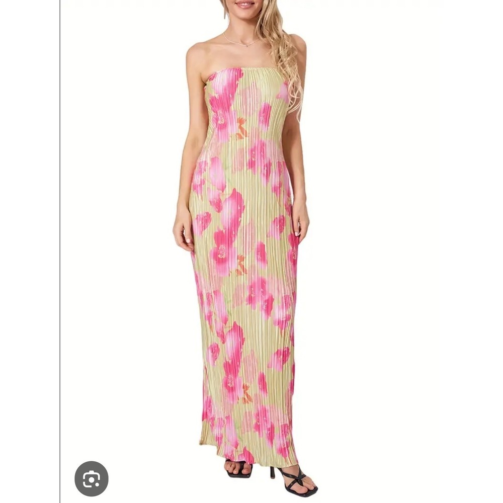 Gold And Pink Floral Pleated Bodycon‎ Dress Open Back. Sz S